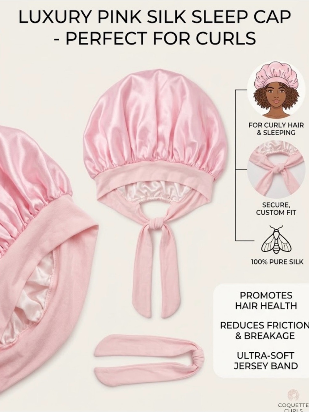 NWOT Coquette Curls Pink Silk Sleep Bonnet Cap - One Size